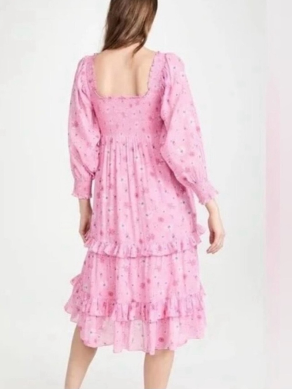 LoveShackFancy Miri Dress Coral Blaze Pink Floral Smocked Ruffled Hem Womens XL - Picture 2 of 16